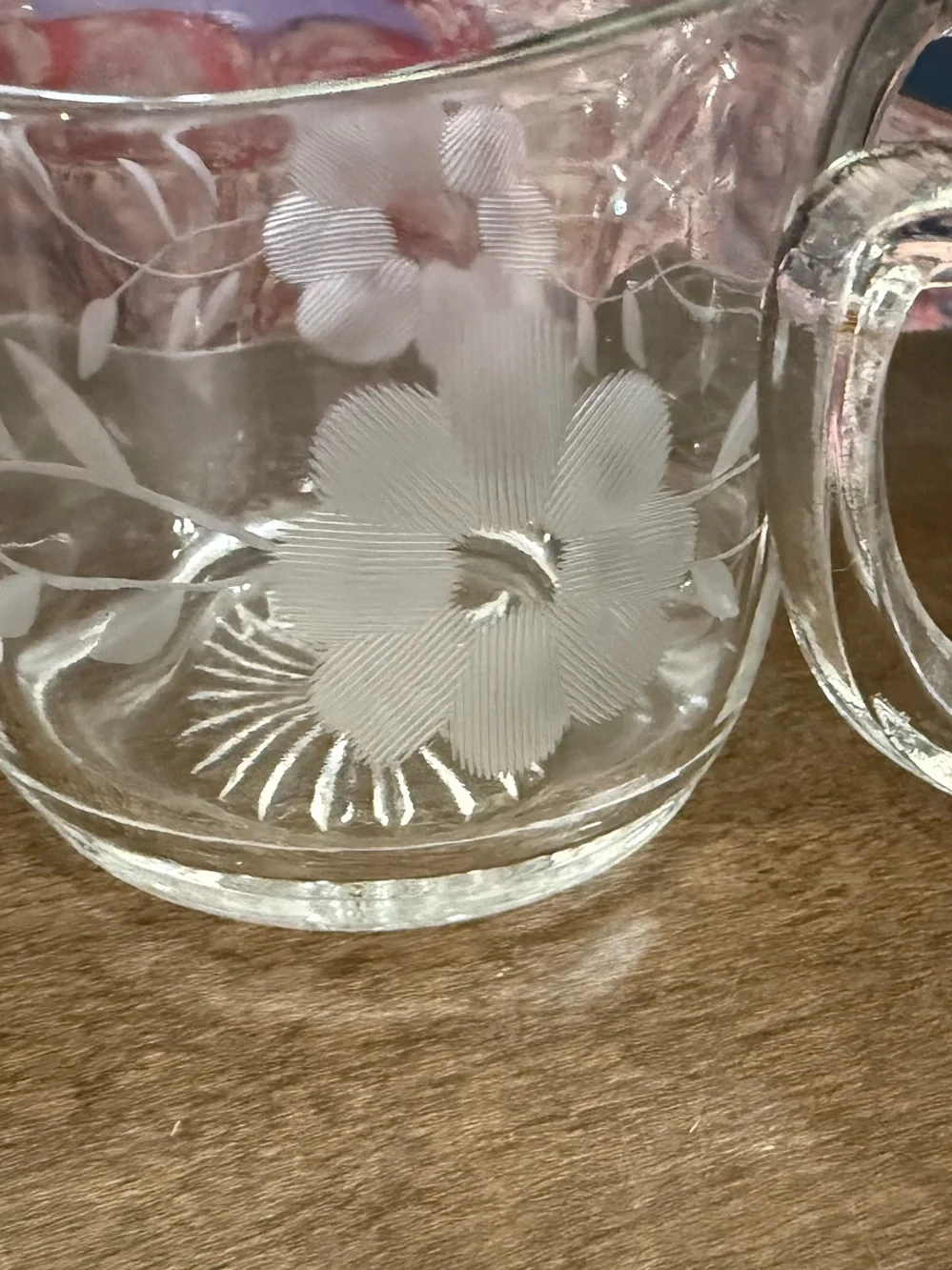 Vintage Floral Cut and Etched Glass Cream, Sugar, and Dish Set